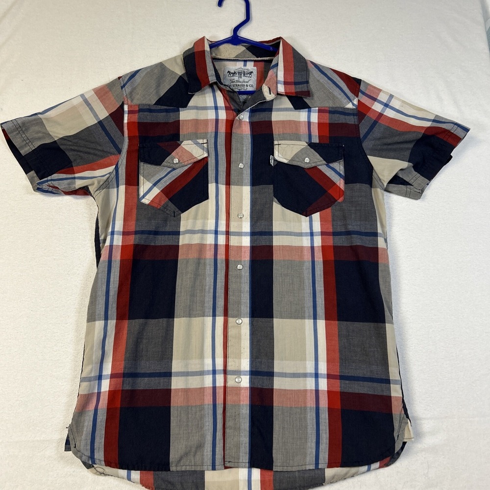 Levis Western Mens Short Sleeve Pearl Snap Plaid Shirt‎ Blue Red Medium